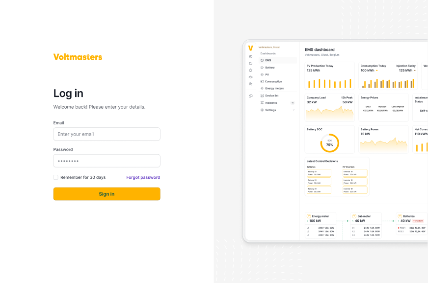 Login screen Voltmasters EMS